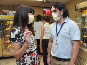 Don?t panic if you see masks where you don?t expect them this time of year. The Tim Hortons at St. Joseph?s Hospital is abiding by a call for a flu shot or a mask. (Supplied photo)