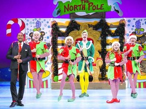 From left, Michael Lamont-Lytle, Christopher Wilson, 
Matthew Nethersole, Liam Tobin, Anwyn Musico and Ryan Kelly perform in Elf at the Grand Theatre. The play runs through Jan. 4. (DEREK RUTTAN/The London Free Press)