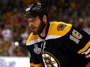 Nathan Horton of the Boston Bruins skates on the ice during warm ups for Game Four of the 2013 NHL Stanley Cup Final against the Chicago Blackhawks at TD Garden on June 19, 2013 in Boston, Massachusetts.   (Elsa/Getty Images/AFP)