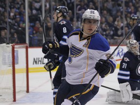 Blues winger Alex Steen will be out of the lineup when St. Louis takes on the Calgary Flames on Monday night. (Kevin King/QMI Agency/Files)