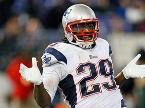 New England Patriots running back LaGarrette Blount celebrates his touchdown run against the Baltimore Ravens at M&T Bank Stadium. (Mitch Stringer-USA TODAY Sports)