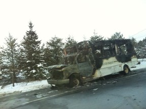 This photo of what appears to be a burnt out shell of a Handi-Transit bus was submitted by Ashley Strickland.