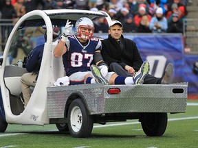 Rob Gronkowski of the New England Patriots reacts to the cheers of fan as he leaves the field with an injury during the third quarter against the Cleveland Browns at Gillette Stadium on December 8, 2013 in Foxboro, Massachusetts.  (Jim Rogash/Getty Images/AFP)