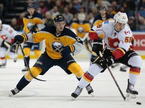 Buffalo Sabres centre Zemgus Girgensons (left) pursues Calgary Flames defenceman Shane O'Brien (55) as he takes the puck during the second period at First Niagara Center on Dec. 14, 2013. (KEVIN HOFFMAN/USA TODAY Sports)