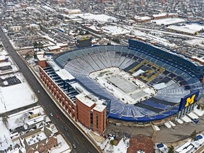 An aerial view of Michigan Stadium in advance of the 2014 Winter Classic hockey game to be held on January 1, 2014. (Andrew Weber/USA TODAY Sports)