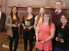 From left, some of the Belleville Sports Hall of Fame McDonald's High School Athletes of the Year who were honoured for their excellence during the 2012-13 season Saturday at the Belleville Club: Nick Holden, QSS; Alex Fobert, NCC; Katie Svoboda and Sara Svoboda, CSS; C.J. Tipping, STSS; Lucas Fallaise, CSS; and Paula MacDonald, SJW. (INTELLIGENCER PHOTO)