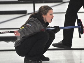 Skip Meaghan Brezden calls off sweepers during the Canola Provincial Junior Championships Dec. 31 (Kevin Hirschfield/THE GRAPHIC/QMI AGENCY)
