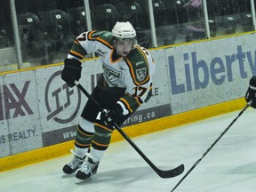 Portage Terriers forward Taylor Sanheim tries to drive the net during a game against the Neepawa Natives Dec. 31. (Kevin Hirschfield/THE GRAPHIC/QMI AGENCY)