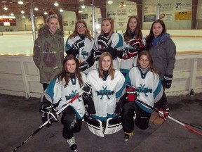 Six Portage Thunder ringette players will suit up for Team Central ringette at the 2014 Manitoba Winter Games March 2-8, while two will serve as assistant coaches. Back Row – Karlee Gerrand(assistant coach), Randi Roy, Sydney Tessier, Rhiannon Wishart, Jade Barrault (assistant coach) Front Row – Simone Crevier, Morgan Klassen, Janine Jack