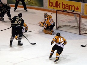London Knights' forward Brett Welychka (number 27) looks for a lane to pass to teammate Michael McCarron during the third period of the Sarnia Sting vs London Knights game on New Year's Day in Sarnia. The Knights won the contest 8-6, and the Sarnia Sting are looking to rebound back against Kitchener on Friday night. SHAUN BISSON/THE OBSERVER/QMI AGENCY