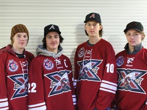 From left to right, Spruce Grove Saints Connor James, Corey Chorneyko, Tyler Busch and Austin Hunter, all of whom attend or attended Spruce Grove Composite High School. - Karen Haynes, Reporter/Examiner