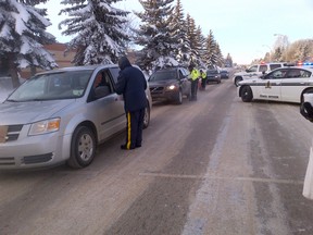 Spruce Grove/Stony Plain RCMP pull over drivers on McLeod Avenue in December during one of their Candy Cane Checkstops, during which they informed drivers about the dangers of impaired driving in hopes of preventing people from getting behind the wheel after drinking. - Photo Supplied