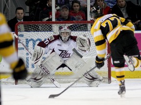 Kingston Frontenacs Warren Steele gets a shot off on Peterborough Petes goalie Andrew D'Agostini during Ontario Hockey League action at the Rogers K-Rock Centre on Friday night. (IAN MACALPINE/THE  WHIG-STANDARD)
