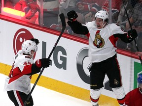 Ottawa Senators right wing Mark Stone (61) celebrates his goal against Montreal Canadiens with teammate center Jean-Gabriel Pageau (44) during the first period at Bell Centre Saturday, Jan. 4, 2014.
Jean-Yves Ahern/USA TODAY