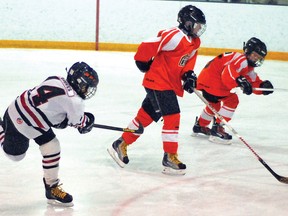 The atom Hawks absolutely dominated first period action against Foothills on home ice Saturday afternoon. Here, Connor Groves fires one of many shots on goal against Foothills, who lost 8-4 to the Hawks.