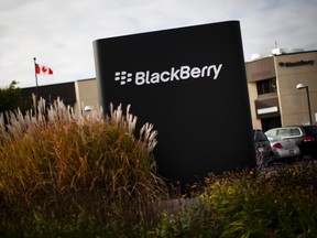 A sign is seen at the Blackberry campus in Waterloo, Ont., in this file photo taken Sept. 23, 2013.  REUTERS/Mark Blinch/Files