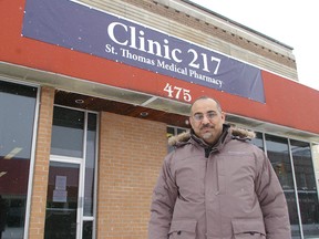 Amir Ibrahim, pharmacy manager and owner, Clinic 217, outside the facility's new location at 475 Talbot St., corner of Hiawatha St.. The clinic's Talbot St. west building was destroyed Dec. 13 by fire. (Eric Bunnell, Times-Journal)