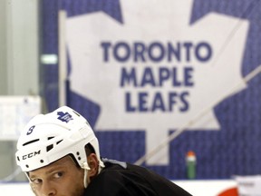 Newest Toronto Maple Leafs player defenceman Tim Gleason during a drill at the Leafs practice on Monday. (Michael Peake/Toronto Sun/QMI Agency)