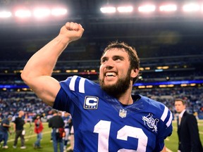 Indianapolis Colts quarterback Andrew Luck celebrates on the field after defeating the Kansas City Chiefs 45-44 to win the AFC wild-card  game at Lucas Oil Stadium on Saturday. (Andrew Weber-USA TODAY Sports)