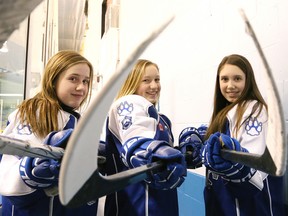 Gino Donato/The Sudbury Star
Lady Wolves Bantam AA players Carley Olivier, Tayler Murphy and Kailey Lapensee will be representing Northern Ontario at the Ontario winter games.
