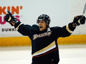 Ducks forward Teemu Selanne celebrates his third period goal against the Detroit Red Wings April 30, 2013. (REUTERS/Mike Blake)