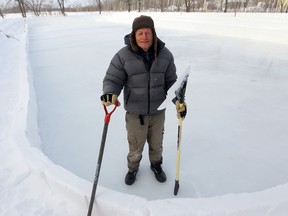 Bill Martens has built a 111 foot long rink in his backyard, the ice surface is 44 feet wide.  He has also built bleachers made of snow that will seat 1000 people.