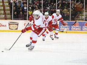 On Tuesday night the Sarnia Sting acquired 17 year old defenceman Kevin Spinozzi from the Sault Ste. Marie Greyhounds in exchange for forward Bryan Moore and rearguard Tyler Hore. Pictured above is Spinozzi in a game against the Saginaw Spirit on Dec. 31, 2013. JEFFREY OUGLER/SAULT STAR/QMI AGENCY