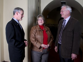 Three of the five new members of the Kingston and District Sports Hall of Fame (from left) Al Cantlay, Brenda Willis and Dale Huddleston gather at Kingston City Hall before being introduced to city council Tuesday night. (Ian MacAlpine/The Whig-Standard)