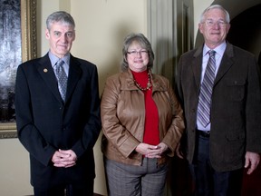 Three of the five new members of the Kingston and District Sports Hall of Fame, from left, Al Cantlay, Brenda Willis and Dale Huddleston gather at  City Hall before being introduced to city council on  Jan. 7. The other inductees are Pat Hegarty and the late Bill Darlington.
(Ian MacAlpine/The Whig-Standard)