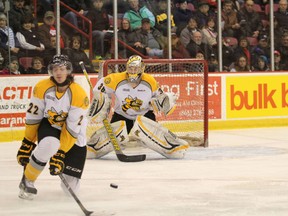 Sarnia Sting defenceman Jeff King braces himself as the puck heads toward him and Sarnia String goaltender Brodie Barrick during first-period action Wednesday, Jan. 8, 2014 at the Essar Centre in Sault Ste. Marie, Ont. The Sting would fall 3-2 to the Greyhounds in a shootout. JEFFREY OUGLER/SAULT STAR/QMI AGENCY