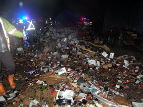 B.C. RCMP said a transport truck carrying a load of Casillero del Diablo red and white wine crashed through a centre median of a southern B.C. highway and hit another truck loaded with pulp around 9 p.m. PST on Wednesday, Jan. 8, 2014. (RCMP Handout/QMI AGENCY)