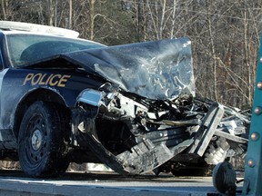 There were no injuries reported after an Oxford OPP police cruiser and a bus collided just before 9 a.m. Thursday, Jan. 9 near Innerkip. The collision happened at the intersection of Oxford Road 33 and the 16th Line. Seventeen students were on-board headed to Innerkip Central Public School. TARA BOWIE / SENTINEL-REVIEW / QMI AGENCY