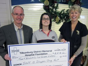 Shopper’s Drug Mart Tillsonburg donated $2,518 to Tillsonburg District Memorial Hospital Foundation, proceeds of their Leaf campaign. Dan Cotnam (left), Owner/Operator and Leaf Captain Hillary Hart (centre) present the cheque to Devona Allin, TDMH Foundation Chair (right). Leaf campaign funds are raised in support of women’s health issues. This year the funds will assist with the purchase of a state-of-the-art 4D ultrasound machine. Contributed Photo