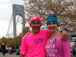 London’s Roy Van Amerom showed support for breast cancer survivor Ruth Derks of Kerwood at the 2013 New York City Marathon in November. Derks ran the race less than four months removed from a double mastectomy.
Contributed