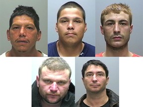 Sarnia police have released their latest Fugitive Five list. Pictured are (clockwise from top left): Marshall Jay Scott Maness, Tyson Wayne Shipman, Brandon William Scott McNevan, Bryan Joseph Helwig, and Jonathan Gil Leith. (Submitted photo)