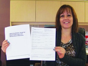 Photo by Chantal Carriere
Jocelyne Pronovost, Cochrane Town Clerk and Returning Officer for the municipal elections, holds up the nomination forms. They are available now at the municipal office or online.