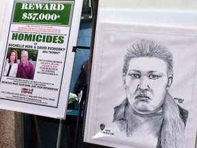 The sketch of a woman who Hallandale Police are looking for in connection with the homicide of Rochelle Wise and David Pichosky next to a reward posted. (Taimy Alvarez/South Florida Sun Sentinel)