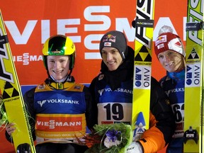 Austria's Thomas Morgernstern (right), seen here with fellow Austrian Gregor Schlierenzauer (centre) and Marinus Kraus (left) of Germany, was badly injured in training on Friday. (Reuters/Markku Ulander/Lehtikuva)