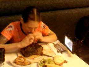 Molly Schuyler chows down on a 72-ounce steak. (Screen grab)