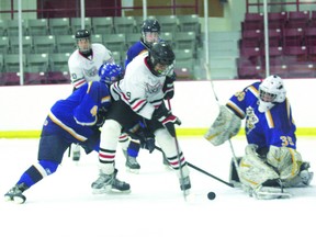 Clinton Jameson and the St. Thoms Aquinas Saints had early pressure on the Dryden Eagles Thursday. Although unable to score on this opportunity, the Saints scored three times on the powerplay in the first en route to a 6-1 win.