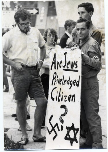 Martin Weiche, right, and two members of the Canadian Nationalist Socialist Party picket outside a London store in 1969. (QMI Agency file photo)