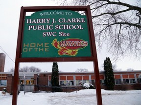 A sign stands in front of the building housing the Sir Winston Churchill site of Harry J. Clarke Public School and the Family Space Quinte-Ontario Early Years Centre Friday, Dec. 20, 2013 in Belleville, Ont. Children and staff have returned now that levels of radon gas inside the building have returned to safe levels and are being monitored closely. 
Luke Hendry/ The Intelligencer/ QMI Agency
