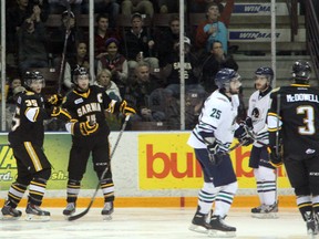 Sarnia Sting forwards Nikita Korostelev (left) and Nick Latta celebrate a goal by Latta in the second period of their game against the Plymouth Whalers on Friday night. The Sting snapped a six game losing streak with a 4-3 shootout victory. SHAUN BISSON/ THE OBSERVER/ QMI AGENCY