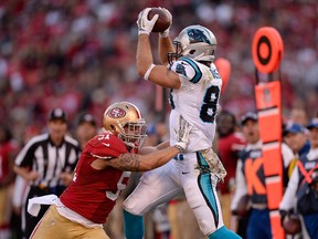 Greg Olsen makes the catch but gets pushed out of bounds by Dan Skuta for an incomplete pass during the fourth quarter at Candlestick Park on November 10, 2013. (Thearon W. Henderson/Getty Images/AFP)