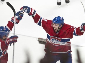Montreal Canadiens celebrate Andrei Markov's third-period goal January 11, 2013. (BEN PELOSSE/LE JOURNAL DE MONTRÉAL/QMI AGENCY