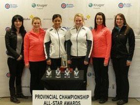 Awards & More provincial championship all-stars; (second from left to right) Lead Kristin MacCuish (Kerri Einarson); second Jenna Loder and third Katie Spencer (Barb Spencer) and skip Kerri Einarson, as selected by the Manitoba Curling Media on Saturday, Jan. 11, 2014, in Virden.