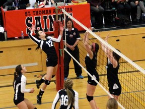 The TA Saints faced-off against the St. Ignatius High School Falcons on Saturday evening, Jan. 11, to see who would be the senior division champions of the 2014 Kenora Invititational Volleyball Tournament.