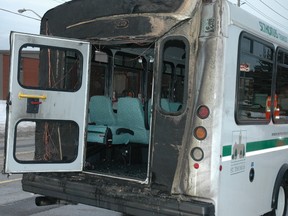 The rear of St. Thomas Transit bus 1104 which caught fire around 8:45 Monday morning. No one was injured.