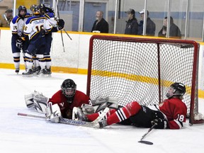 As the Wingham Ironmen celebrate a goal in the background, Mitchell Hawks’ Chris Wallace (30) and Brett Stacey lie crumpled in the dislodged net during Western Jr. C action Sunday, Jan. 12 in Mitchell. The Hawks trailed 8-1 before losing 8-4, extending their losing slide to 13-games. ANDY BADER/MITCHELL ADVOCATE