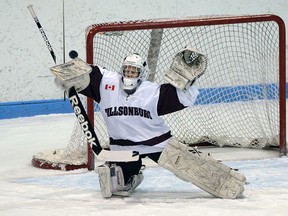 Tillsonburg Oxford Source for Sports goalie Tyler Hildebrant gets the blocker up on a Caledonia shot during Wednesday's Southern Counties bantam hockey game in Tillsonburg. CHRIS ABBOTT/TILLSONBURG NEWS